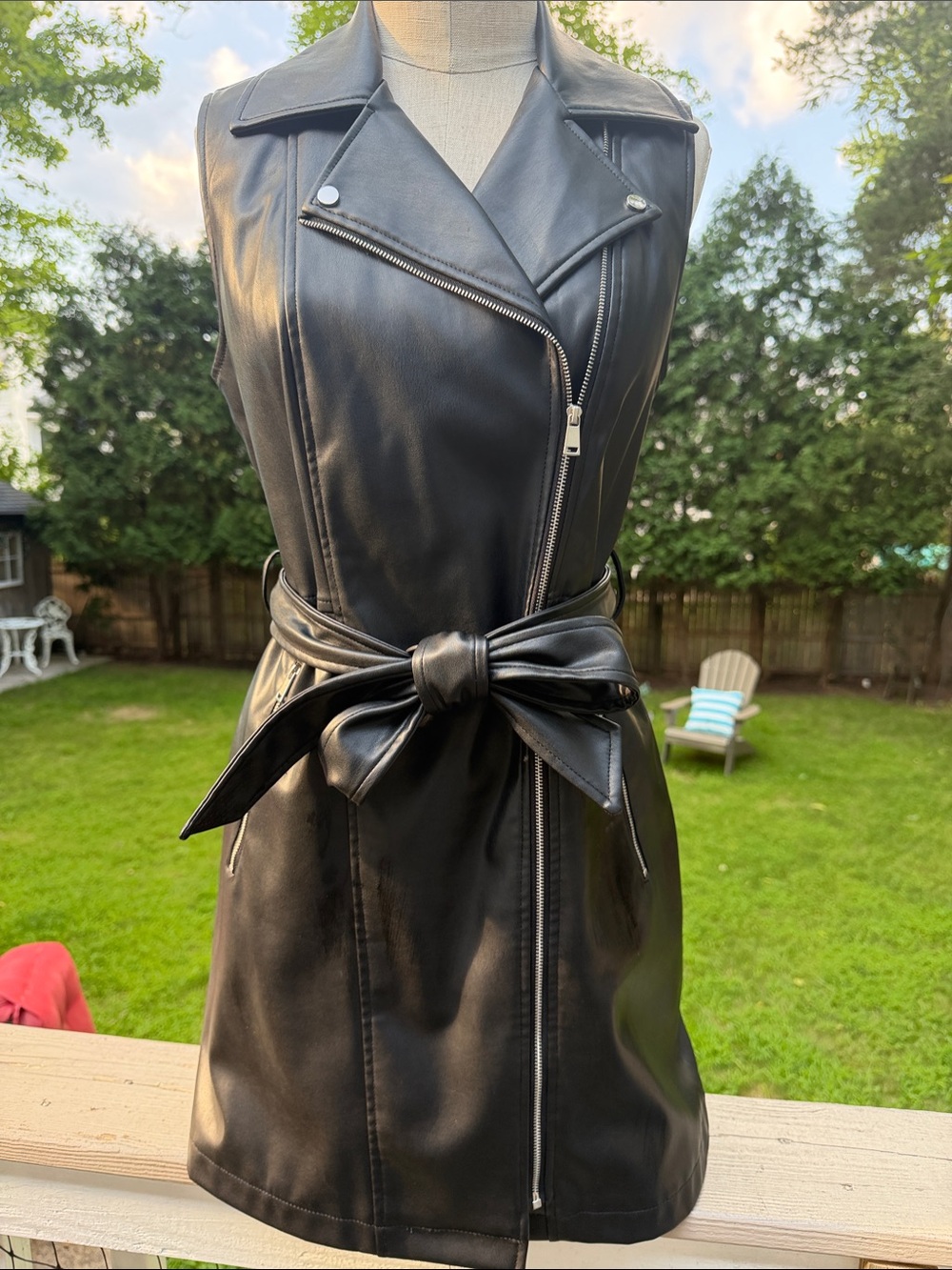 BCBGeneration Black Faux Leather Sleeveless Moto Vest with Tie Belt